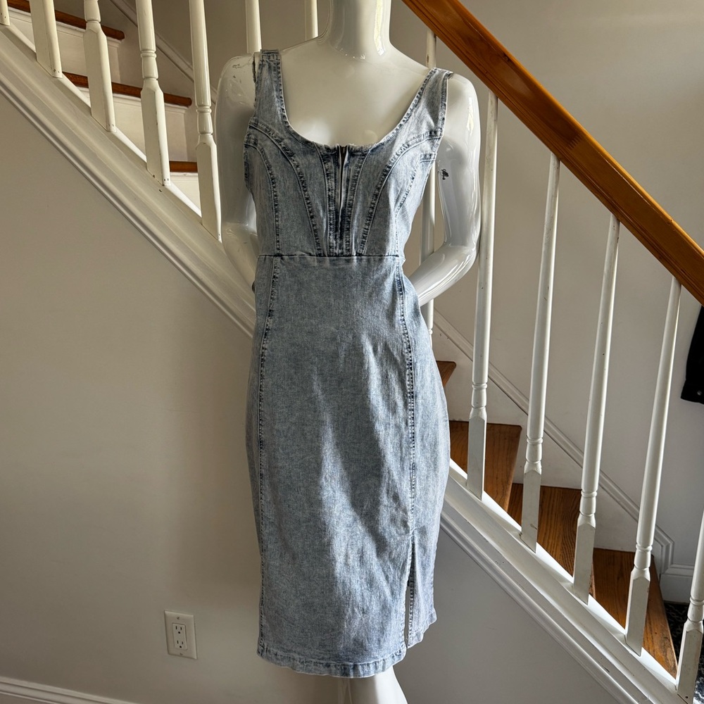 Denim Dress for Women Sleeveless Side Slit Bodycon Midi Jean Dress Size Large